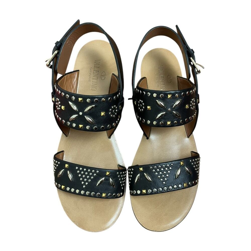 Valentino Garavani Black Suede Studded Flat Vacation Sandals Authentic Size 37.5 - Picture 7 of 12